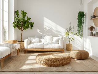 bright and airy Scandinavian living room featuring cozy white sofa, natural wood accents, and lush greenery. space is inviting and perfect for relaxation