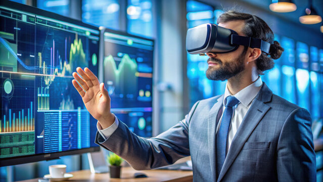 Businessman wearing virtual reality headset interacting with digital financial charts on large screens in a modern office setting, exploring data visualization