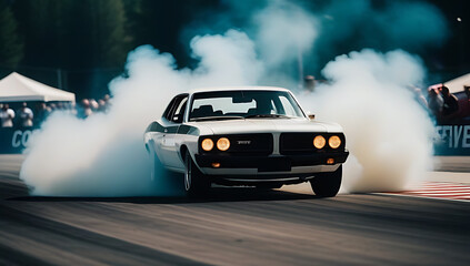 white smoke emitted tires car wheels burnout vehicle wheels spin intensely racing event causing tires burn produce smoke