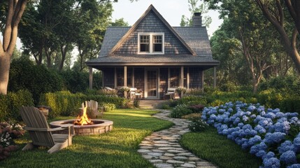 Obraz premium A quaint Cape Cod style cottage with weathered wood shingles, hydrangea-lined pathways, and a warm fire pit for summer nights.