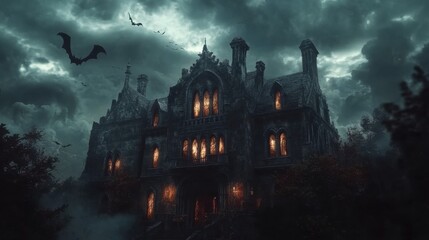 A spooky old mansion at night, with dark clouds, glowing windows, and bats flying around, creating a perfect Halloween scene.