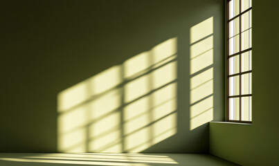 Empty interior architecture space with window sunlight shadows olive green design background.