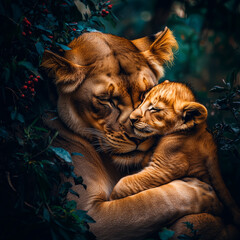 Lioness Embracing Her Cub in a Heartwarming Moment