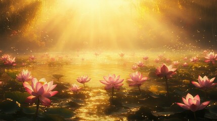Serene Lotus Flowers in Golden Sunlight Reflection