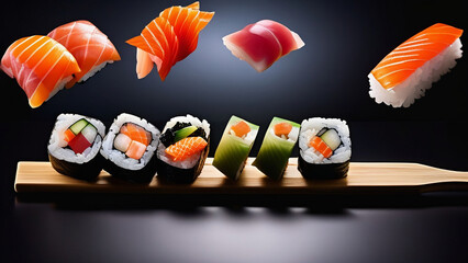 Gourmet sushi Salmon Nigiri with Seaweed and Gold Sesame Garnish