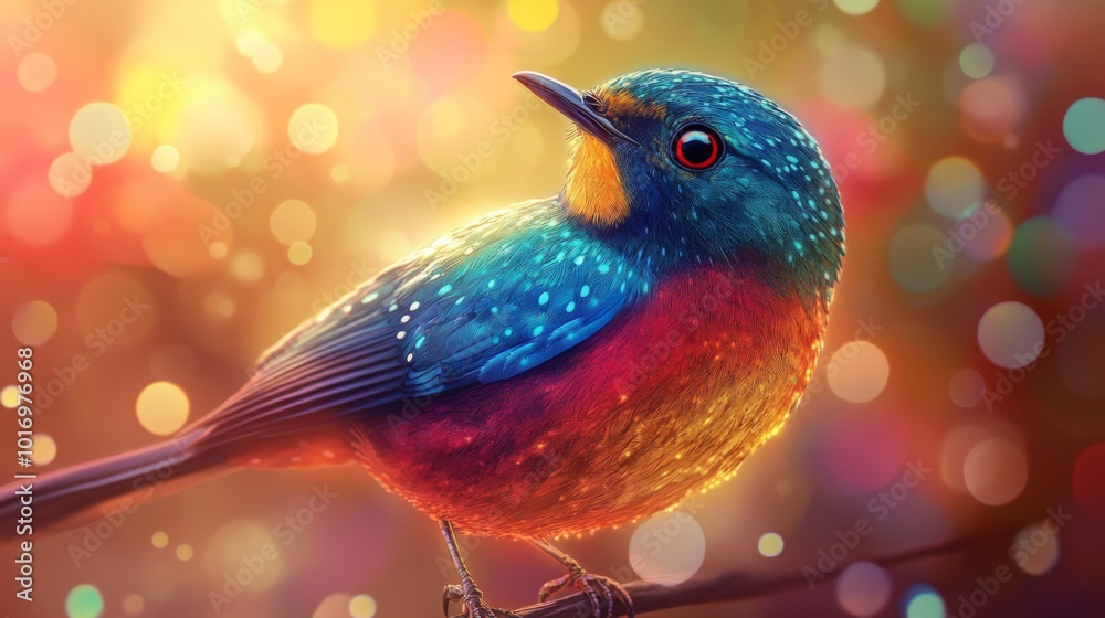 Poster Colorful Bird Perched on a Branch with Bokeh Background