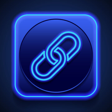 Link simple vector, icon. Flat design. Blue neon style on button. With shadow