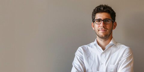 Obraz premium Confident Young Professional in a White Shirt with Glasses Against a Neutral Background