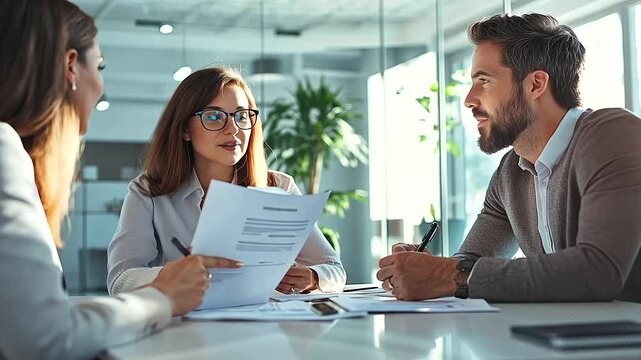 young couple discussing and reviewing documents with an insurance agent in an office setting, highlighting the personalized assistance and professional service