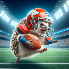 Emotional hedgehog american football player against the background of a sports arena.