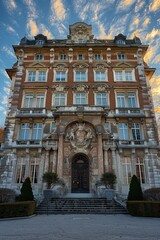 Majestic multi-story classical building with intricate architectural details and decorative facade set against a scenic cloudy sky backdrop at sunset
