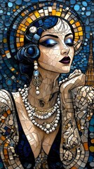 Obraz premium Art Deco flapper girl with pearls and clockwork patterns, .She is wearing an elegant black dress adorned with intricate designs and sequins.