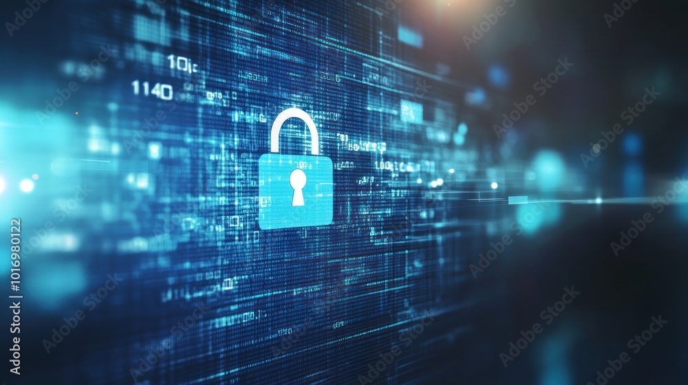 Poster digital lock symbol on a data background representing cybersecurity and protection.