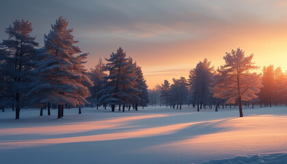 Naklejka premium Winter Wonderland at Dawn with Sunlight. Snow-Covered Trees in Winter Sunrise. Frosty Landscape with Morning Sun