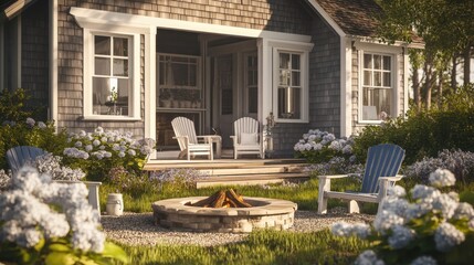 Close-up of a Cape Cod style beach cottage with weathered shingles, blooming hydrangeas, and a cozy fire pit.