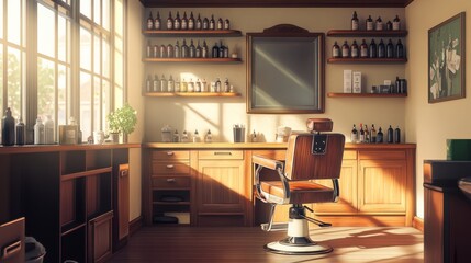 This charming barbershop has an antique chair, crafted wooden shelves with grooming products, and natural sunlight from large windows, creating a warm, inviting atmosphere for every customer
