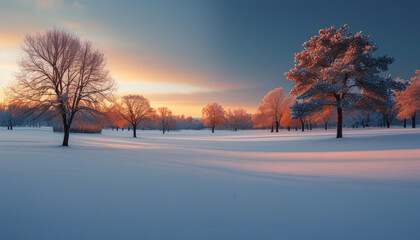 Frosty Morning with Snowy Trees at Sunrise. Winter Landscape at Dawn with Frosty Trees. Snowy Forest at Sunrise in Winter.