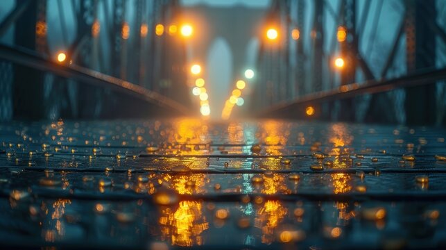 An atmospheric image of a lit bridge at night with reflective raindrops on the wooden pathway, evoking a serene and tranquil mood