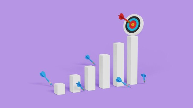 Every failure is a step to success. Big achievement, business growth process, steady growth, winning or challenge concept. 3D archery target on bar graph and missed arrows around it. 4K 3D animation