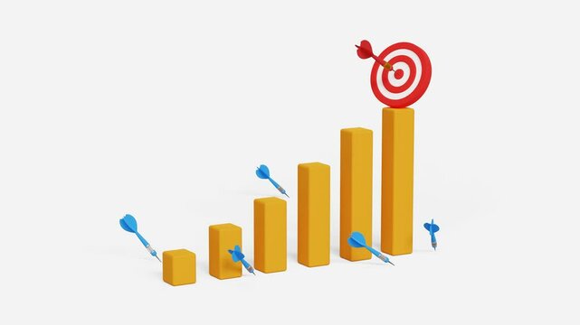 Every failure is a step to success. Big achievement, business growth process, steady growth, winning or challenge concept. 3D archery target on bar graph and missed arrows around it. 4K 3D animation