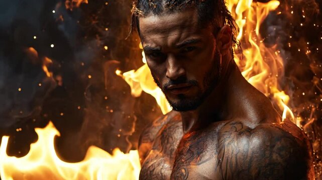 A man with tattoos on his arms stands in front of a fire. The fire is orange and yellow, and it seems to be engulfing the man. The man's body is muscular and well-defined