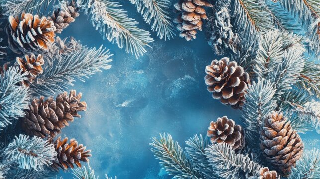 Close-up of frosted pine cones and evergreen branches, with an icy blue backdrop for a fresh winter holiday look.