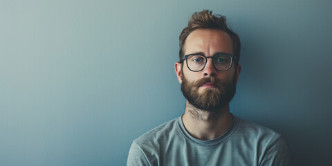 Fototapeta premium Thoughtful Young Man with Glasses Against a Soft Blue Background