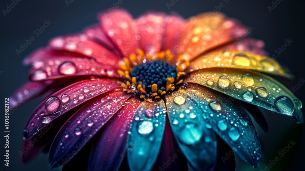 Poster vibrant flower with dew drops in unique color gradient