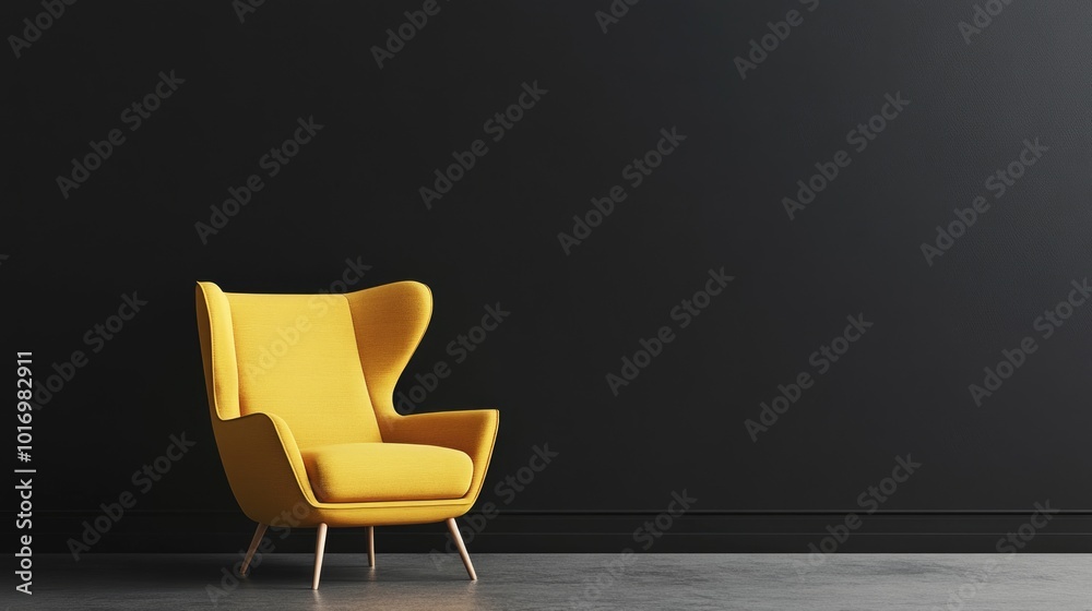 Sticker Cozy Living Room Interior with Yellow Armchair on Dark Wall Background