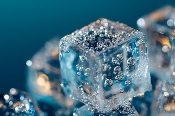 Detailed close-up of ice cubes with bubbles in a refreshing beverage setting under soft light