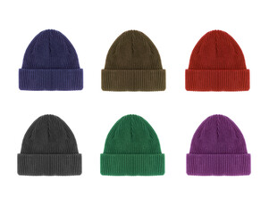 Set of colorful woolen winter hats isolated on white background