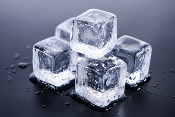 Clear ice cubes stacked on a dark surface with water droplets visible, highlighting their texture and clarity during a contemporary setting