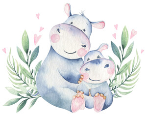 Fototapeta premium Hand drawn cute isolated tropical summer watercolor hippo animals. hippopotamus baby and mother cartoon animal illustrations, jungle tree, brazil trendy design. Aloha collection.