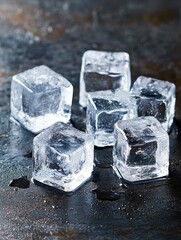 Ice cubes scattered on a dark surface with condensation in a kitchen setting