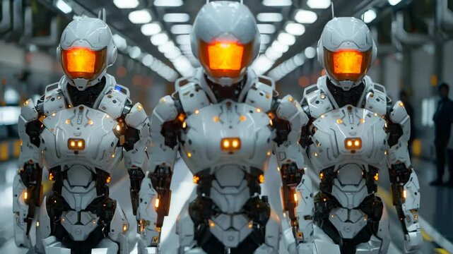 Three robots in white uniforms stand in a hallway. The robots are wearing helmets and have glowing lights on their bodies. The scene is futuristic and gives off a sense of advanced technology