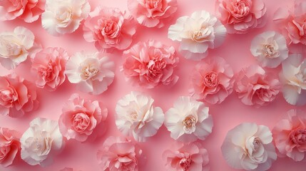 Romantic Blooming Carnations. Elegant Floral Decor for Celebration. 3D Realistic Carnation Bouquet on Pink Wallpaper