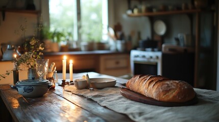 Obraz premium Cozy Kitchen Scene with Freshly Baked Bread