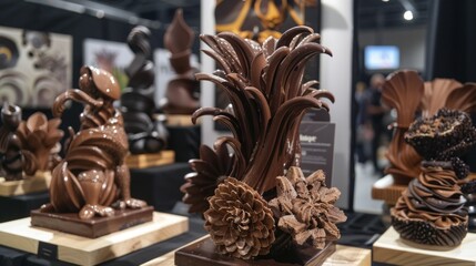 A close-up of intricate chocolate sculptures displayed at an exhibit