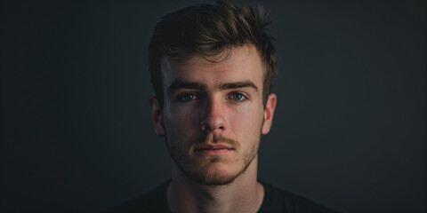 Obraz premium Intense Portrait of a Young Man with Thoughtful Expression Against Dark Background