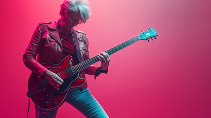 Energetic Guitarist Performing on Stage in Red Light, Rock Music Vibes, Passionate Show, Live Performance Concept
