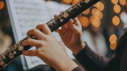 Music enthusiast playing clarinet in stage performance lighting ambiance, showcasing passion and talent, musician concept