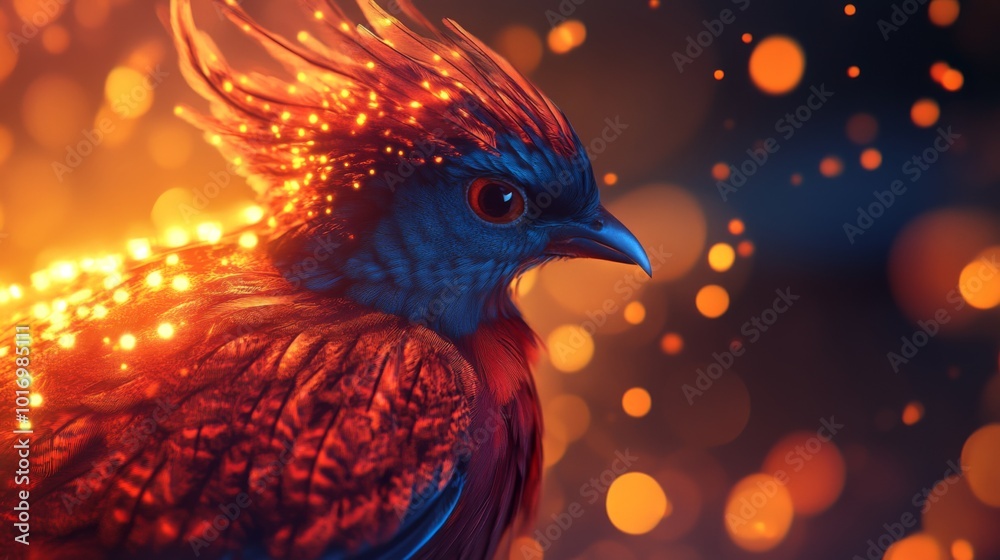 Poster Vibrant Bird with Fiery Feathers and Sparkling Effects