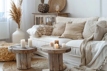 A living room with a white couch and two wooden coffee tables,generative ai image