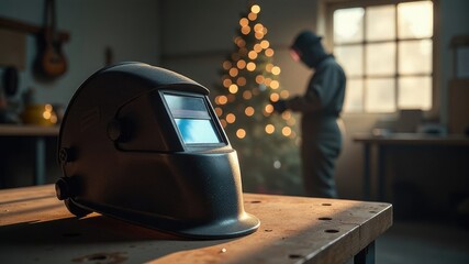 Working welder decorates workshop for Christmas vacation