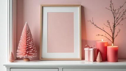 Soft pastel pink Christmas decor with frame and copy space on mantel or dress