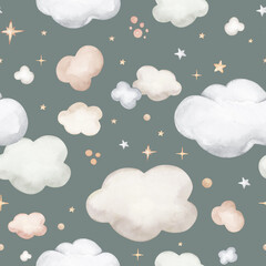 Watercolor floral seamless pattern in cute childish style, colored garden background, hand painting print with abstract flowers, leaves and plants, design texture