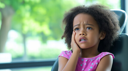 Worried child with hand on cheek looking concerned while sitting in chair, emotional expression concept