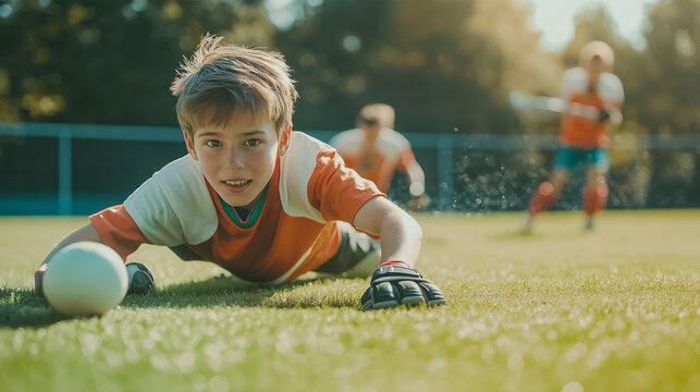 Youthful soccer player diving for ball during game, wearing uniform, showing skill and determination, teammates in background, sportsmanship concept - Powered by Adobe