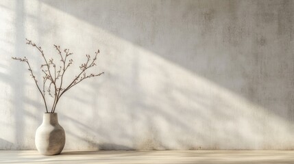 Minimalist Living Space with Textured White Wall and Beige Wooden Floor, Featuring Vase with Branch. Empty Room Mockup Design