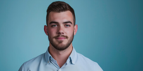 Confident Young Man in Light Blue Shirt Against a Soft Blue Background
